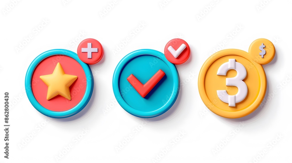 Poster label set with percent, check mark and discount. app icon. 3d web vector illustrations. white backgr