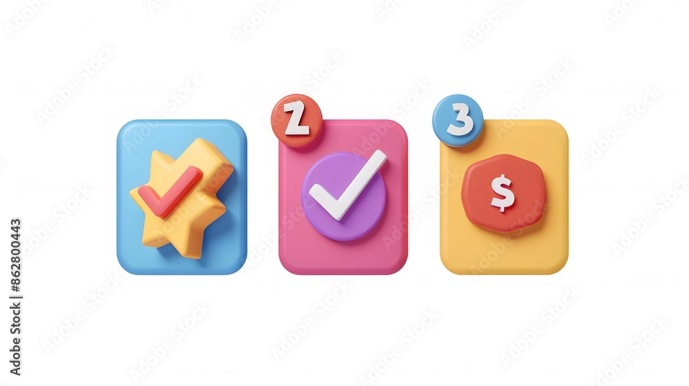Poster label set with percent, check mark and discount. app icon. 3d web vector illustrations. white backgr
