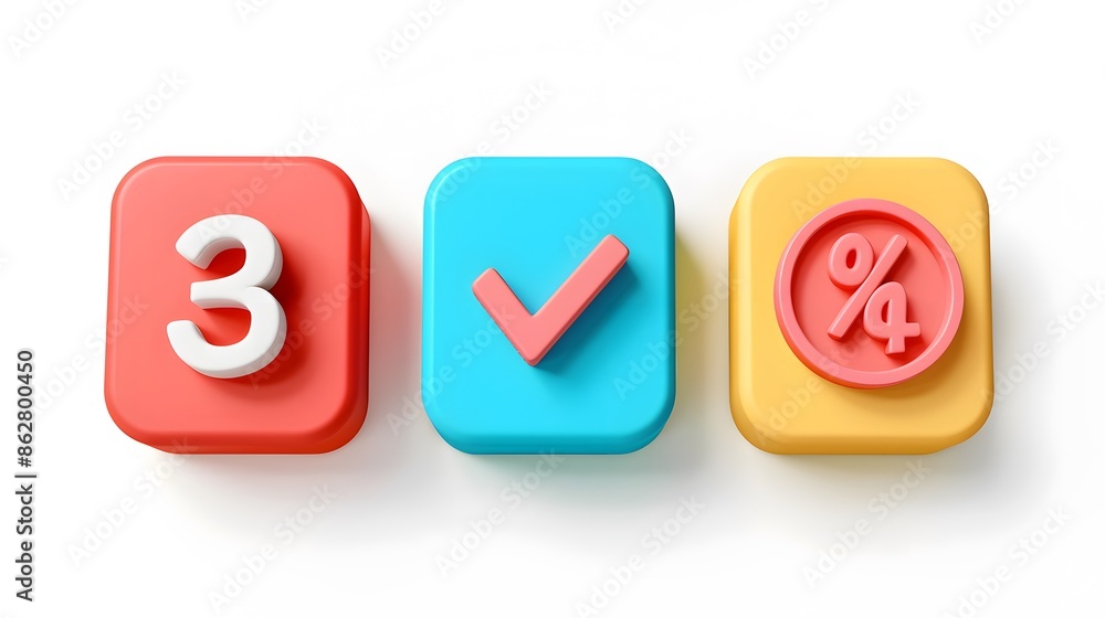 Poster label set with percent, check mark and discount. app icon. 3d web vector illustrations. white backgr