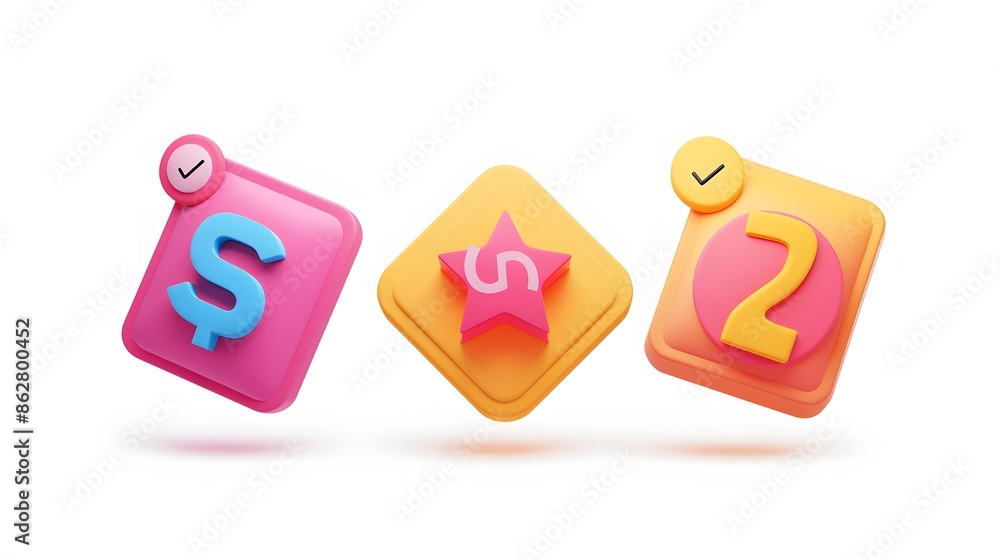 Poster label set with percent, check mark and discount. app icon. 3d web vector illustrations. white backgr