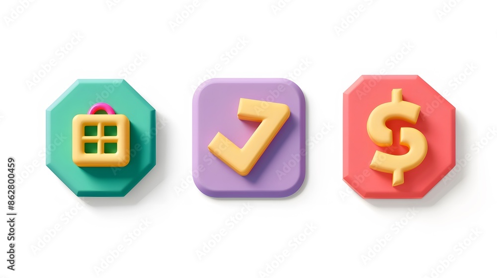 Poster label set with percent, check mark and discount. app icon. 3d web vector illustrations. white backgr