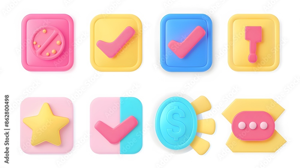 Poster label set with percent, check mark and discount. app icon. 3d web vector illustrations. white backgr