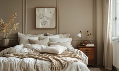 Serene bedroom with a mockup canvas on the nightstand