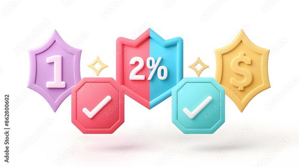 Poster label set with percent, check mark and discount. app icon. 3d web vector illustrations. white backgr