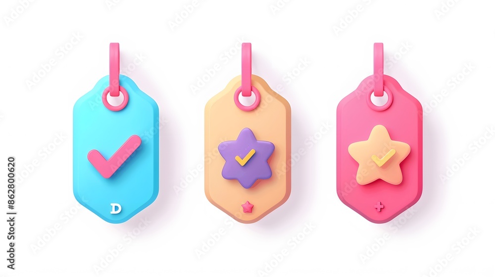Poster label set with percent, check mark and discount. app icon. 3d web vector illustrations. white backgr