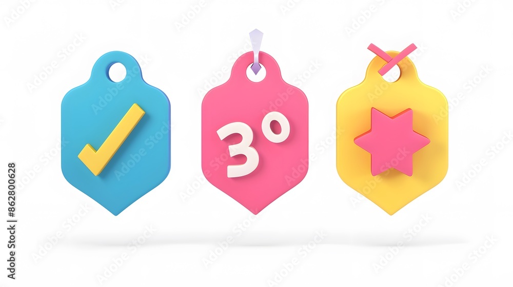 Poster label set with percent, check mark and discount. app icon. 3d web vector illustrations. white backgr
