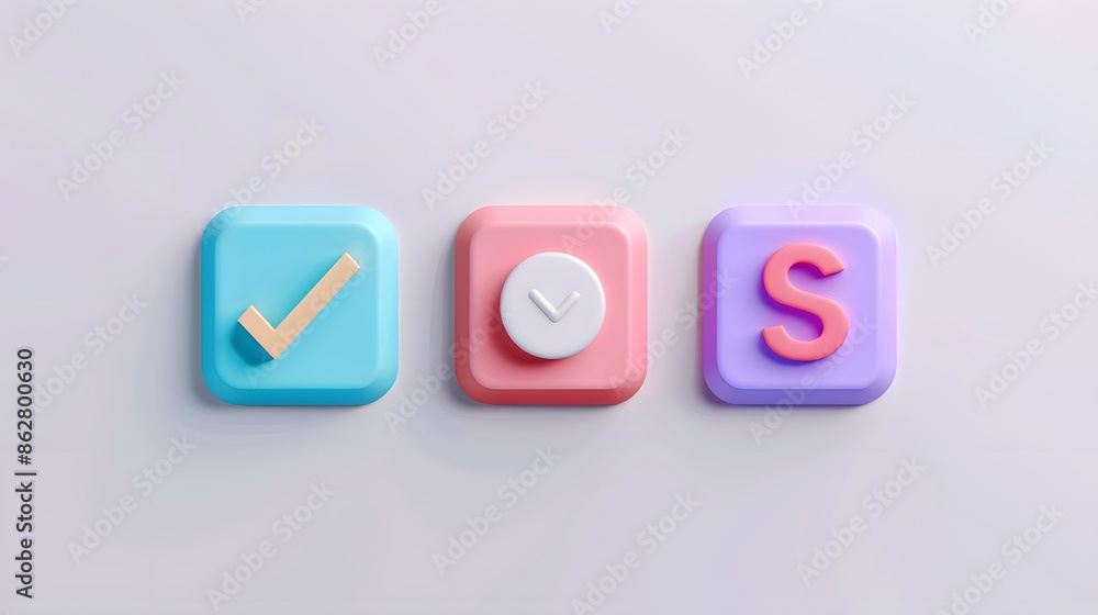 Poster label set with percent, check mark and discount. app icon. 3d web vector illustrations. white backgr