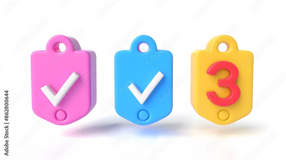 Poster label set with percent, check mark and discount. app icon. 3d web vector illustrations. white backgr