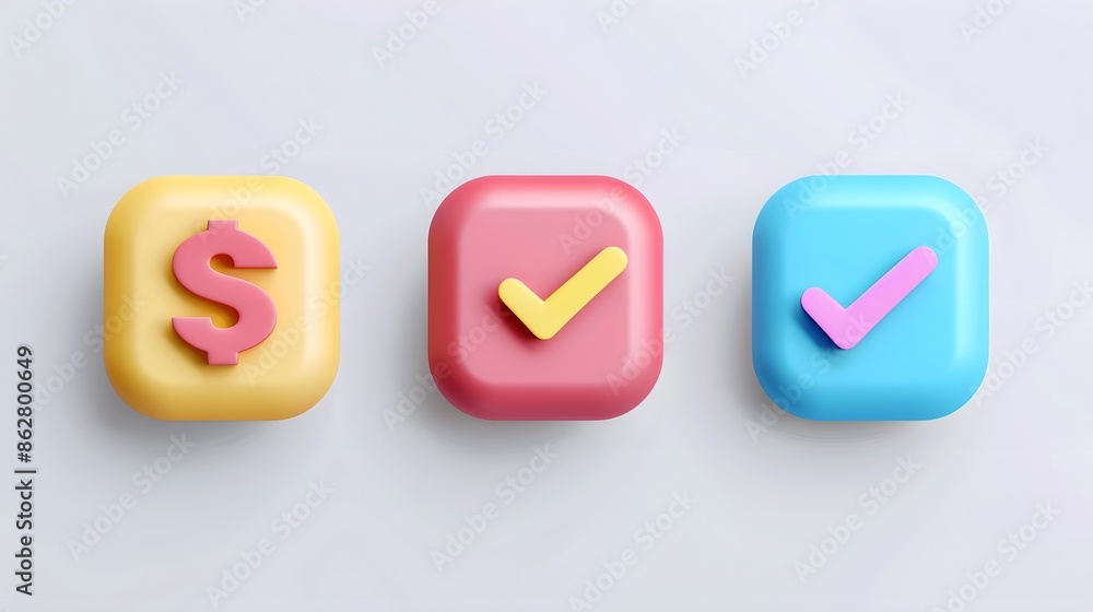 Poster label set with percent, check mark and discount. app icon. 3d web vector illustrations. white backgr