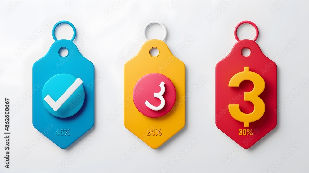 Poster label set with percent, check mark and discount. app icon. 3d web vector illustrations. white backgr