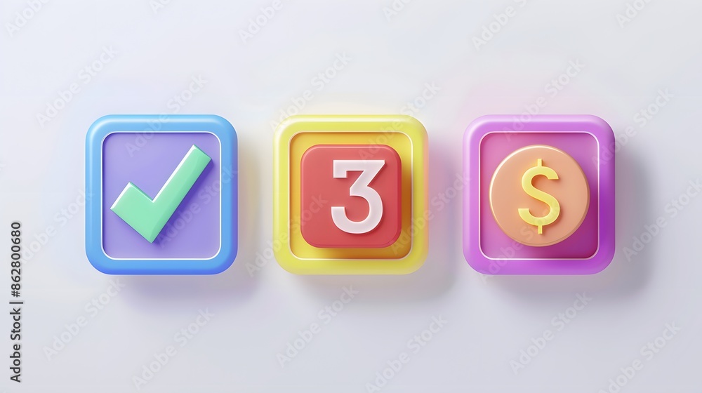 Poster label set with percent, check mark and discount. app icon. 3d web vector illustrations. white backgr