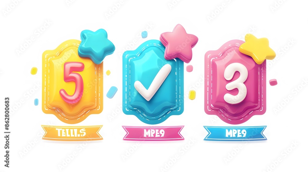 Poster label set with percent, check mark and discount. app icon. 3d web vector illustrations. white backgr