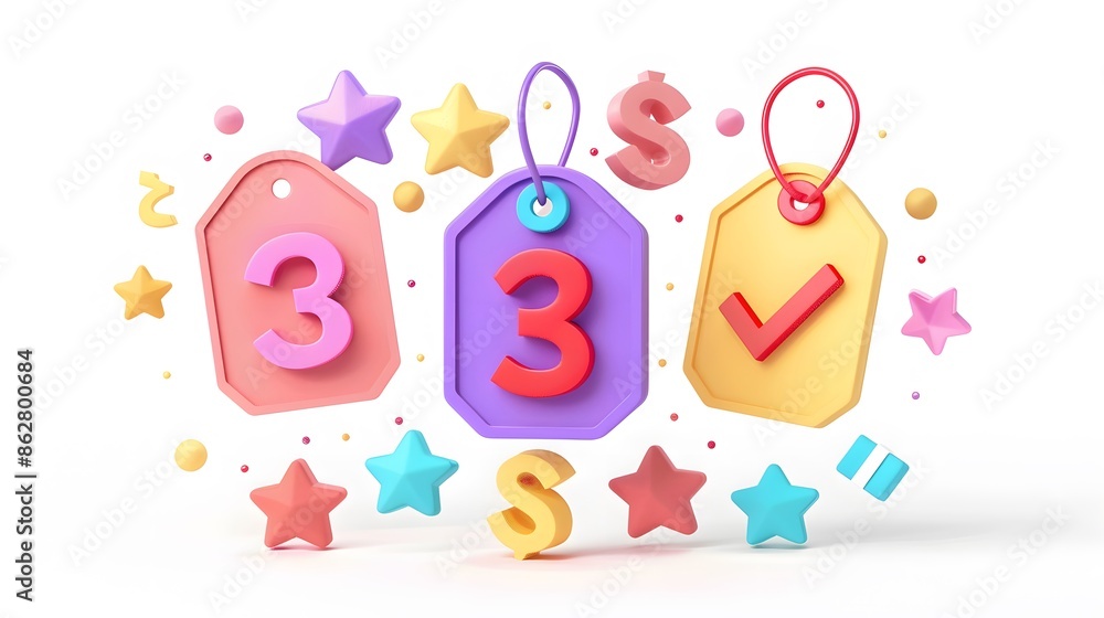 Poster label set with percent, check mark and discount. app icon. 3d web vector illustrations. white backgr
