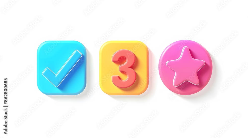Poster label set with percent, check mark and discount. app icon. 3d web vector illustrations. white backgr