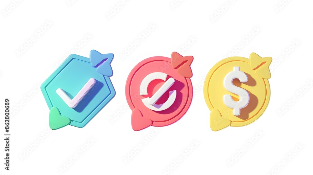 Poster label set with percent, check mark and discount. app icon. 3d web vector illustrations. white backgr