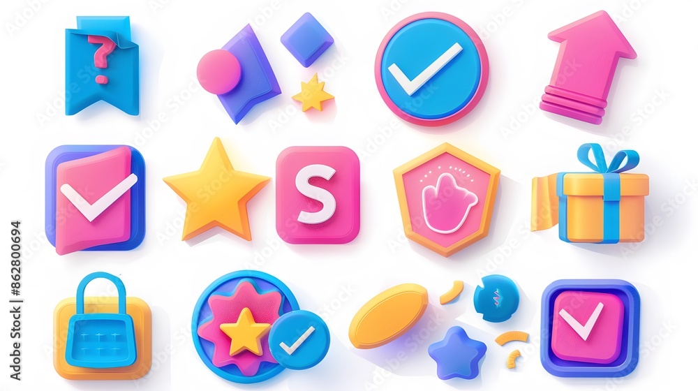 Poster label set with percent, check mark and discount. app icon. 3d web vector illustrations. white backgr