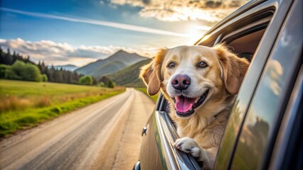 Happy Dog travel by car, enjoying road trip and lookink through window on mountain landscape