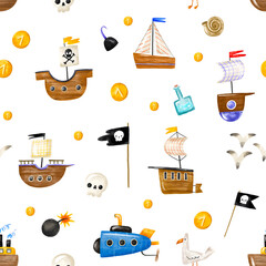 Semless pattern with old wooden pirate ships, submarine and yacht. Nautical sea transport and flags, seagull and golden coins. Hand drawn childish background