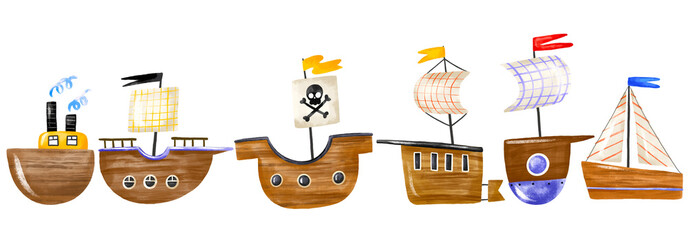 Set of old wooden ships. Hand drawn cartoon ocean transport. Ocean vessel for pirates on isolated background