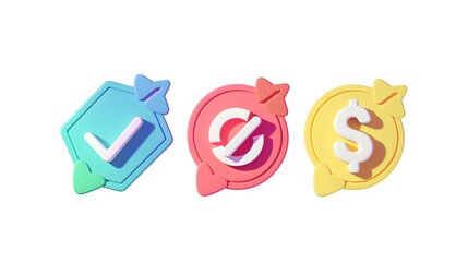 Label set with percent, check mark and discount. App icon. 3D Web Vector Illustrations. White background