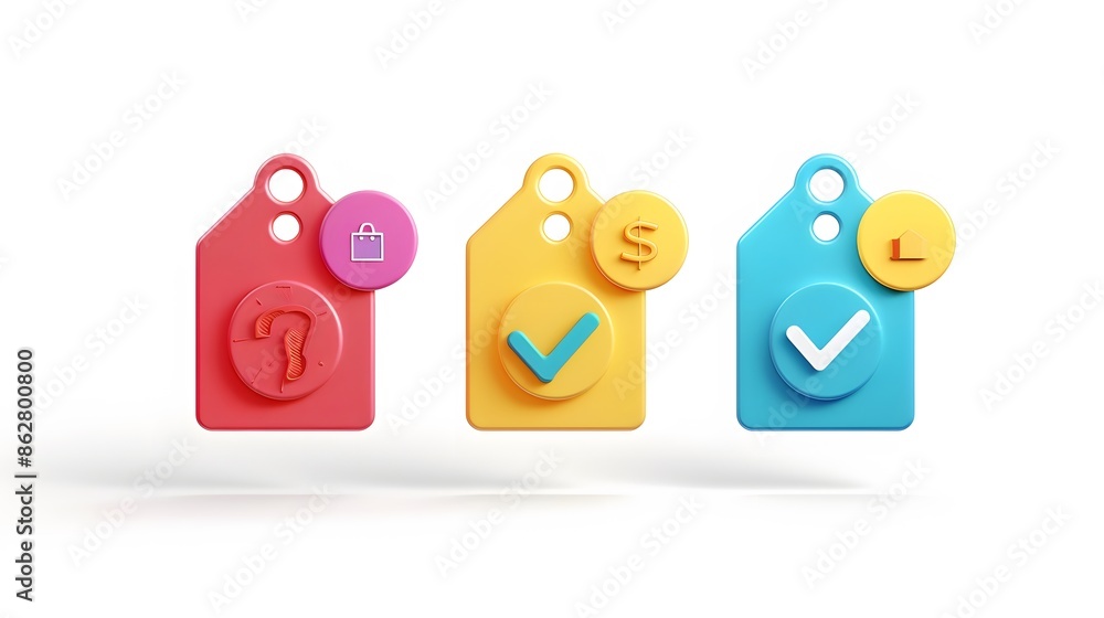 Poster label set with percent, check mark and discount. app icon. 3d web vector illustrations. white backgr