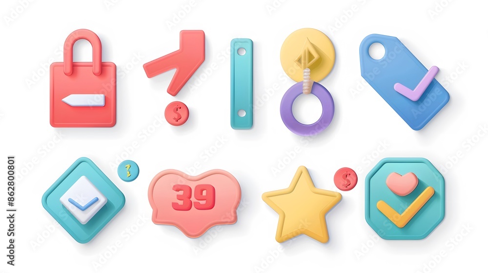 Poster label set with percent, check mark and discount. app icon. 3d web vector illustrations. white backgr