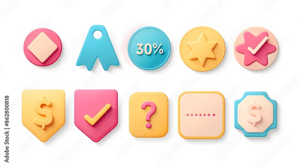 Poster label set with percent, check mark and discount. app icon. 3d web vector illustrations. white backgr