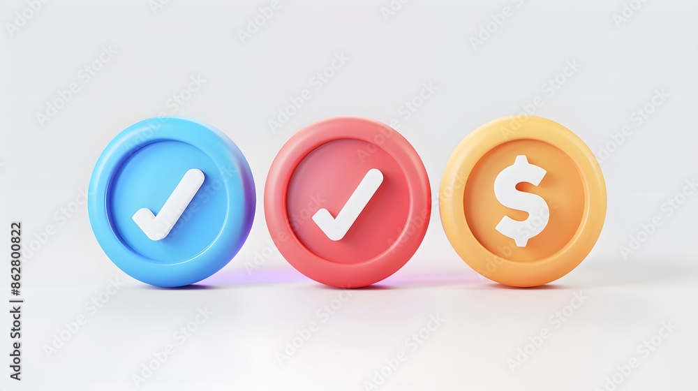 Poster label set with percent, check mark and discount. app icon. 3d web vector illustrations. white backgr