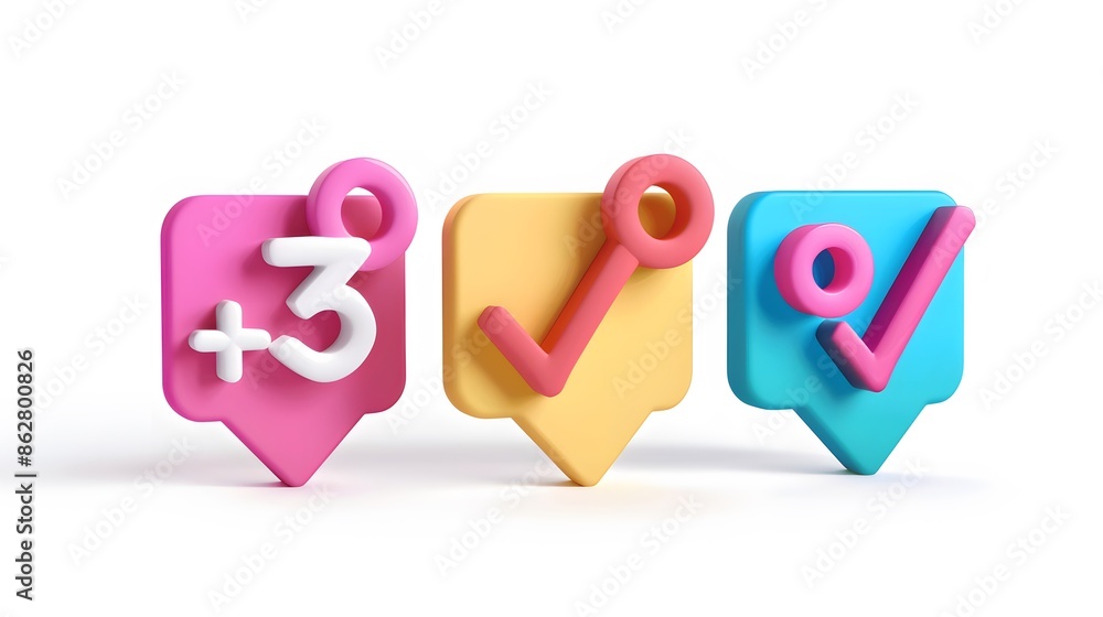 Poster label set with percent, check mark and discount. app icon. 3d web vector illustrations. white backgr