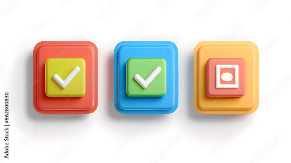 Poster label set with percent, check mark and discount. app icon. 3d web vector illustrations. white backgr