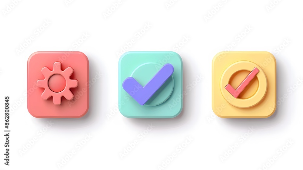 Poster label set with percent, check mark and discount. app icon. 3d web vector illustrations. white backgr