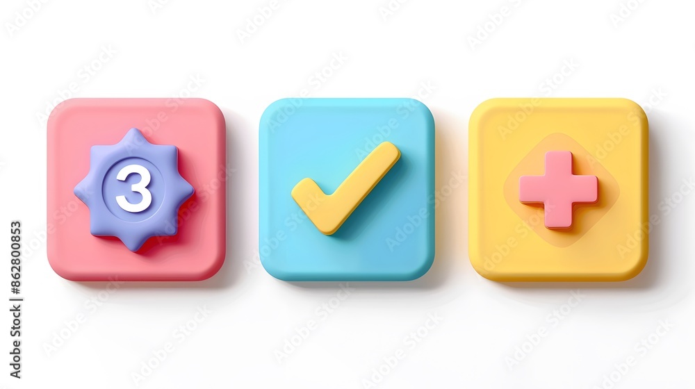 Poster label set with percent, check mark and discount. app icon. 3d web vector illustrations. white backgr