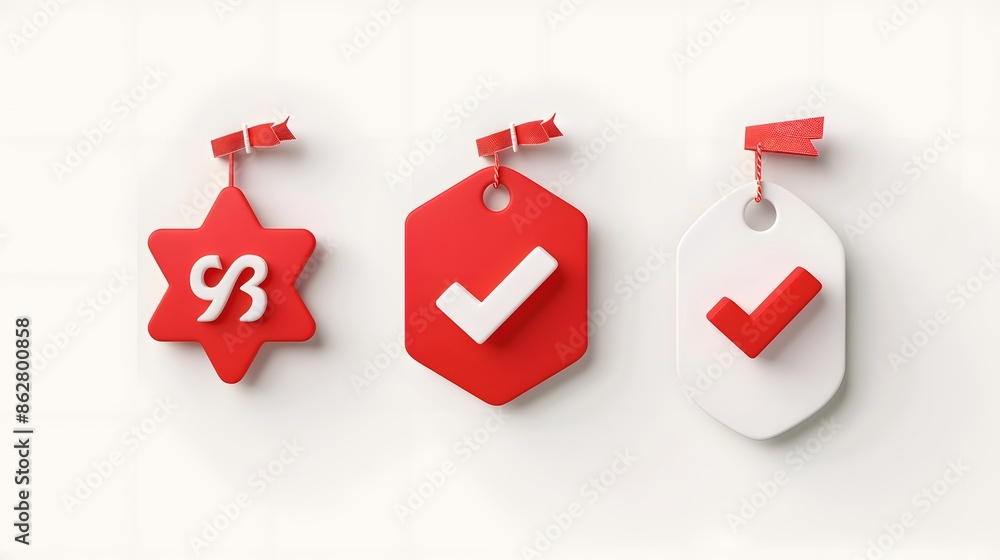 Poster label set with percent, check mark and discount. app icon. 3d web vector illustrations. white backgr