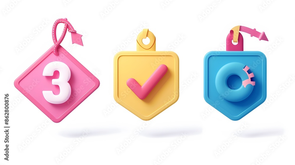 Poster label set with percent, check mark and discount. app icon. 3d web vector illustrations. white backgr
