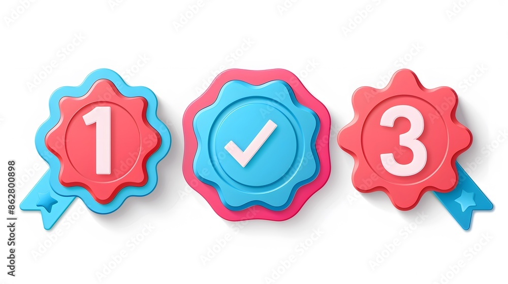Poster label set with percent, check mark and discount. app icon. 3d web vector illustrations. white backgr