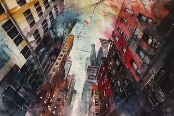 Vintage Watercolor Style In the City: Urban Traffic and Tall Buildings Art Painting