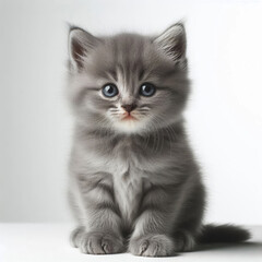 Gray cat lying on a white surface, close-up view, feline concept