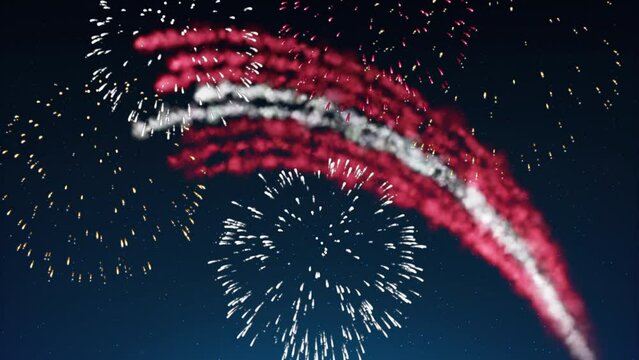 Latvia holiday banner template. Fireworks latvian flag on night sky background. Latvian national holiday. Latvia flag fireworks. Template, place for text, copy space. Animated greeting card