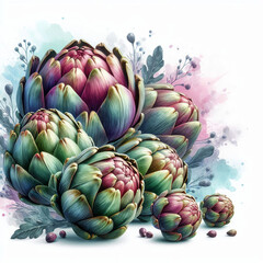 Fototapeta premium Artichokes with abstract watercolor background, copy space,background concept