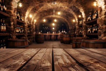 Obraz premium A wooden tasting table in the foreground with a blurred background of a wine cellar. The background includes rows of wine racks and barrels.