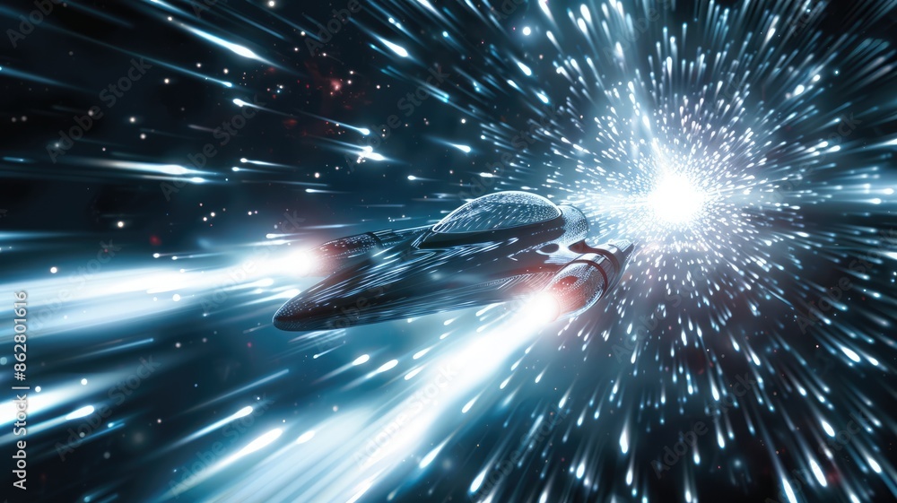 Poster spaceship flying through space with stars and galaxies in the background. concept of space explorati