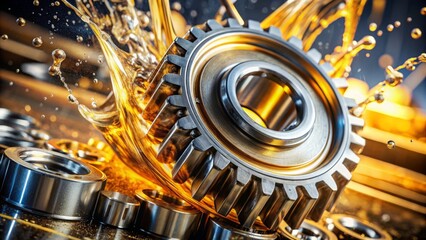 Close-up view of a metal bearing gear with dynamic oil splashes
