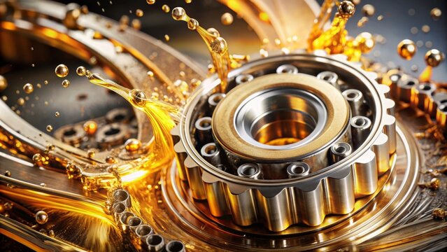 Close-up view of a metal bearing gear with dynamic oil splashes
