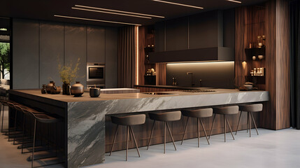 An elegant kitchen with a blend of marble and wood accents, adorned with subtle ambient lighting and minimalistic decor