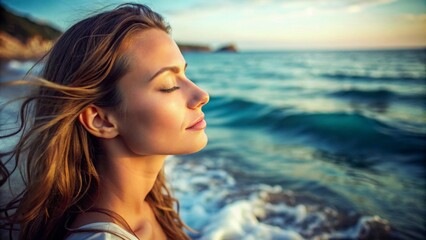 Meditating woman with closed eyes on the ocean shore
