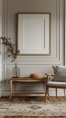 Elegant entryway with a mockup picture frame on the console Contemporary living room with a blank TV screen