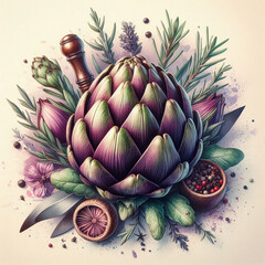Obraz premium Artichokes with abstract watercolor background, copy space,background concept