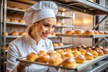 Female baker holding bread in the bakery