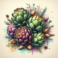 Fototapeta premium Artichokes with abstract watercolor background, copy space,background concept