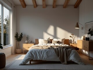Minimalist bedroom interior with sunlight streaming through the window. Cozy, modern, and serene home decor.
